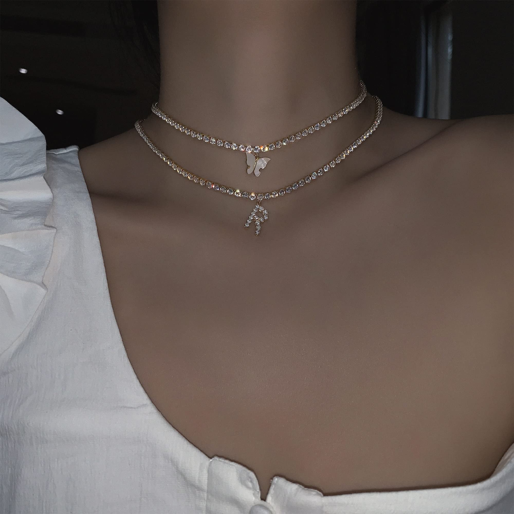 Letter Necklace 14k Gold Plated Tennis Chain Initial Choker Bling Iced CZ Diamond Necklace for Women