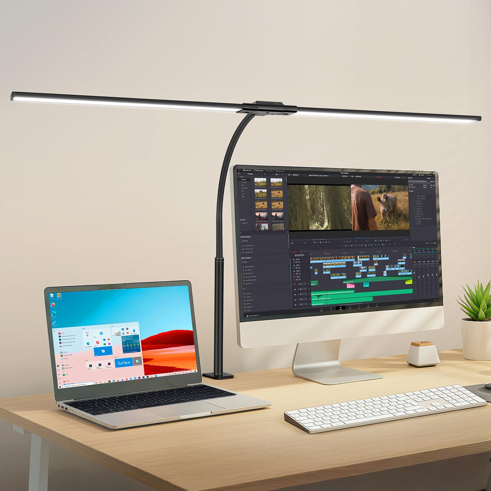 OUTON Lámpara de Escritorio LED 85,5 cm de Doble Cabezal – 24W, Negro | Control Táctil, Regulable sin Escalones, 5 Tonos de Color, Temporizador y Memoria, Luz Día Antifatiga para Oficina y Pantalla