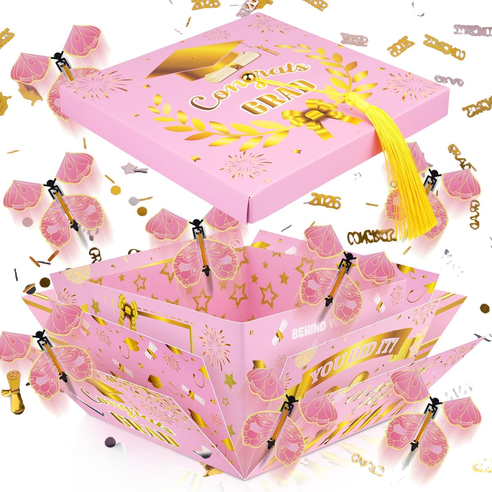 Graduation Gift Boxes 2026, Surprise Gift Box Explosion with 8 Pcs Flying Butterfly Photo DIY, Graduation Box 2026 Exploding Gift Box for High School College Graduate Party Decoration (Pink & Glod )