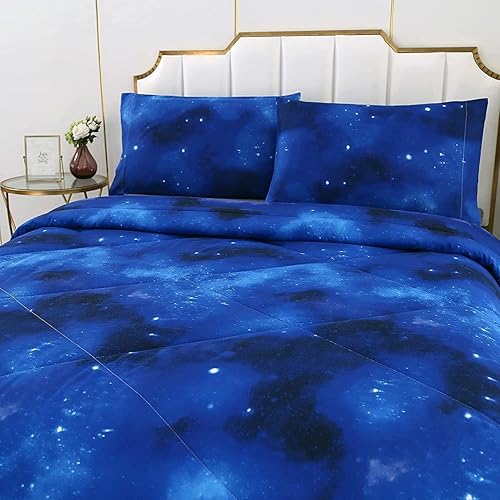 Miniatura 3 de SDIII Juego de edredón de 3 piezas de galaxia azul, tamaño matrimonial, microfibra suave, ligera, azul y rosa, tamaño matrimonial, ropa de cama de