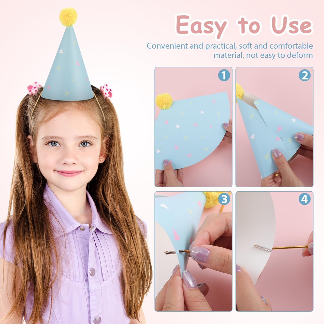 16pcs Birthday Party Cone Hats for Kids: 7 inch Pom Poms Party Supplies & Decorations Paper Colorful Hat for Toddler Girls Boys Baby Shower Photo Props