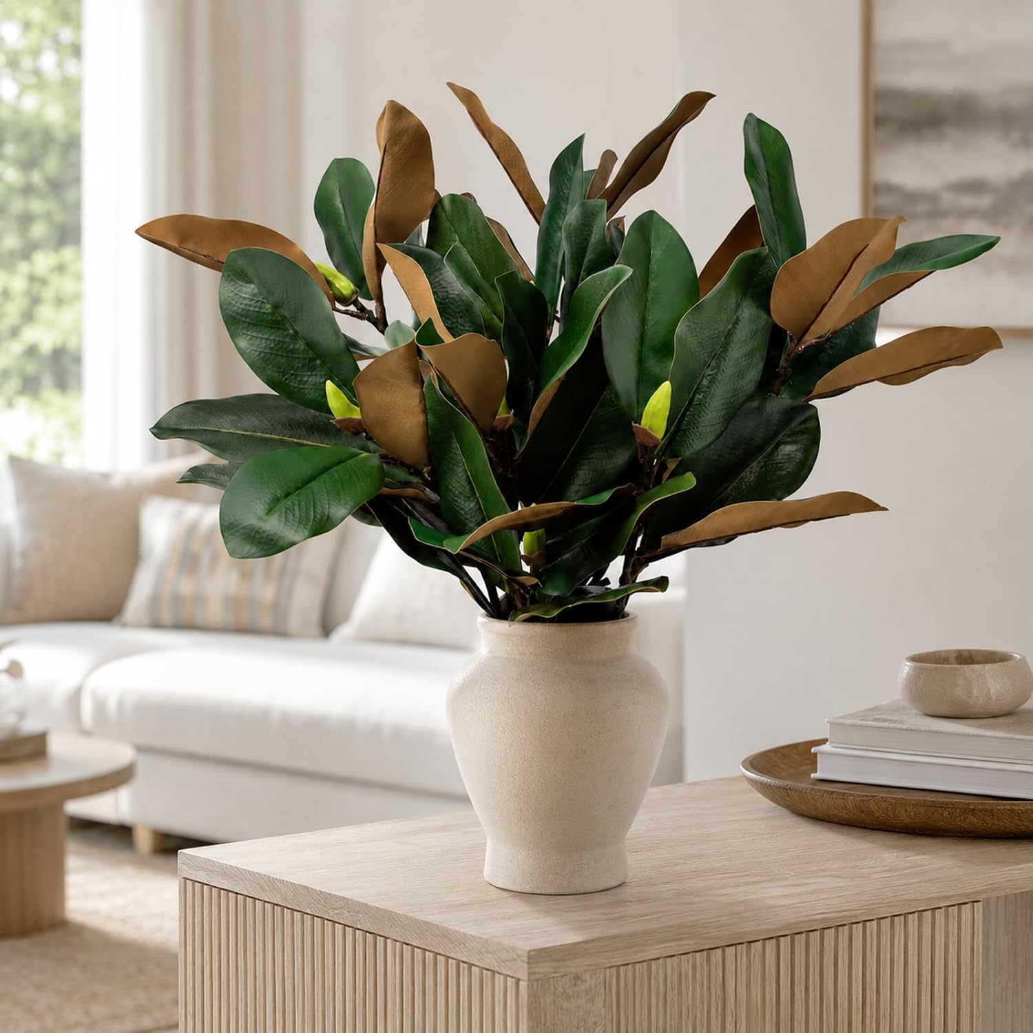 6 Pcs Magnolia Artificial Leaves Branches 22 Inch 3D Real Touch Faux Magnolia Stems Fake Magnolia Twigs for Indoor Outdoor Vase Filling Home Wedding Floral Arrangement Decoration