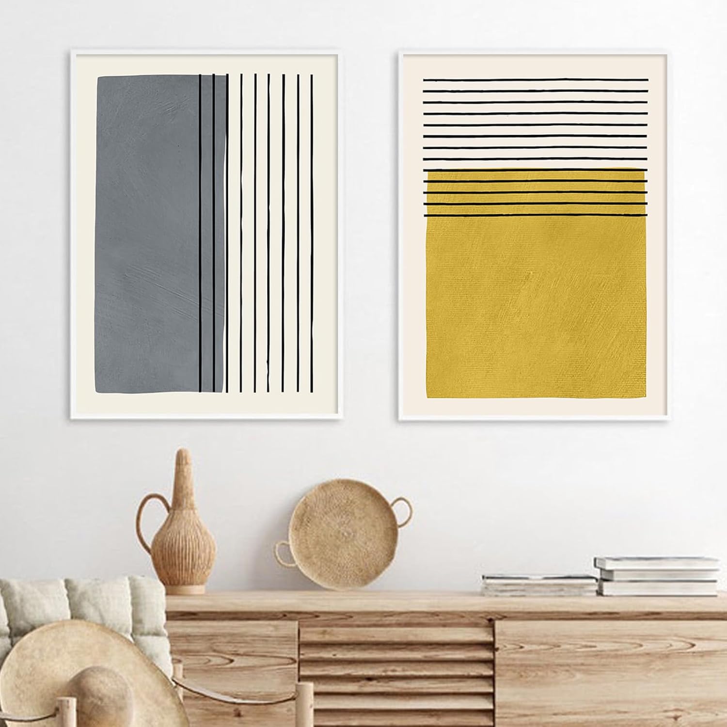 Boho Beige Minimalist Wall Art Decor Prints Boho Yellow Pictures Yellow And Grey Abstract Canvas Wall Art Modern Artwork Boho Line Poster Minimalist Boho Painting Line Canvas Art 16x24inchx2 No Frame