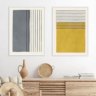 Boho Beige Minimalist Wall Art Decor Prints Boho Yellow Pictures Yellow And Grey Abstract Canvas Wall Art Modern Artwork Boho Line Poster Minimalist Boho Painting Line Canvas Art 16x24inchx2 No Frame