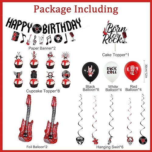 Miniatura 2 de Crenics Decoraciones de fiesta de cumpleaños de rock and roll, pancarta de feliz cumpleaños, remolinos colgantes, adornos para pasteles y globos
