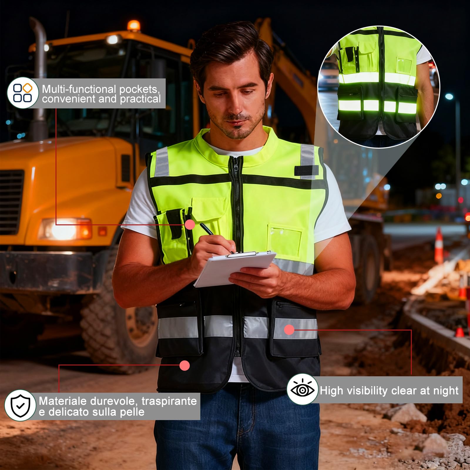 URAQT Chaleco Reflectante Homologado, Chaleco Reflectante de Seguridad, Chaleco Trabajo 7 Bolsillos con Cremallera, Chaleco de Seguridad de Alta Visibilidad para Limpiadores Trabajadores, Unisex, L