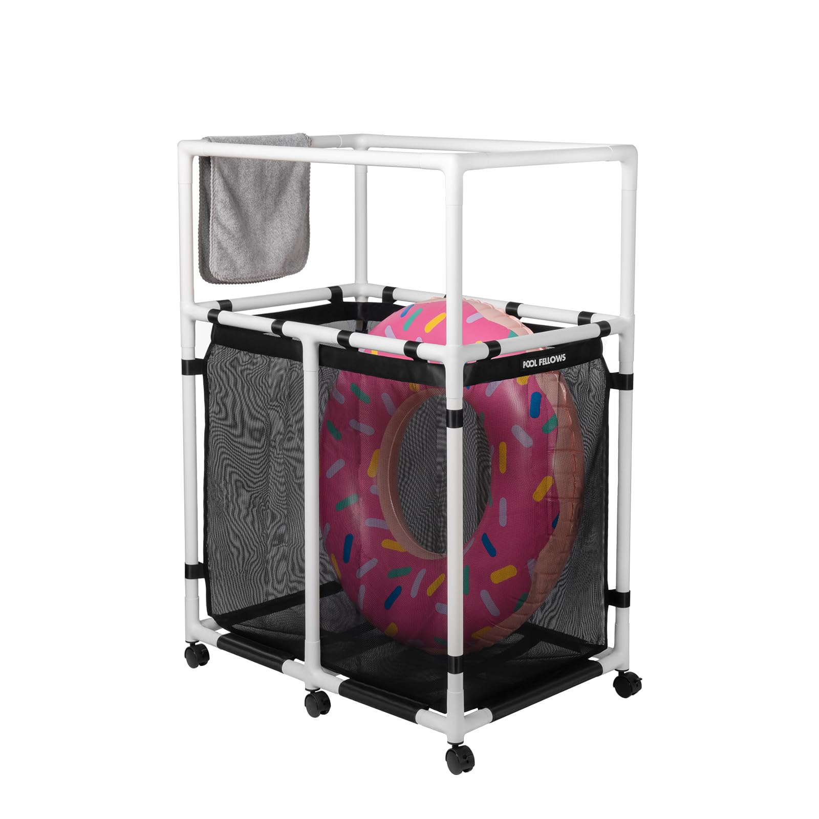 POOL FELLOWS Pool Storage Bin, 105 Gallons, Holder for Noodles, Toys, Floats, Towels, Mesh Organizer for Swimming Equipments, Basic Pro Style