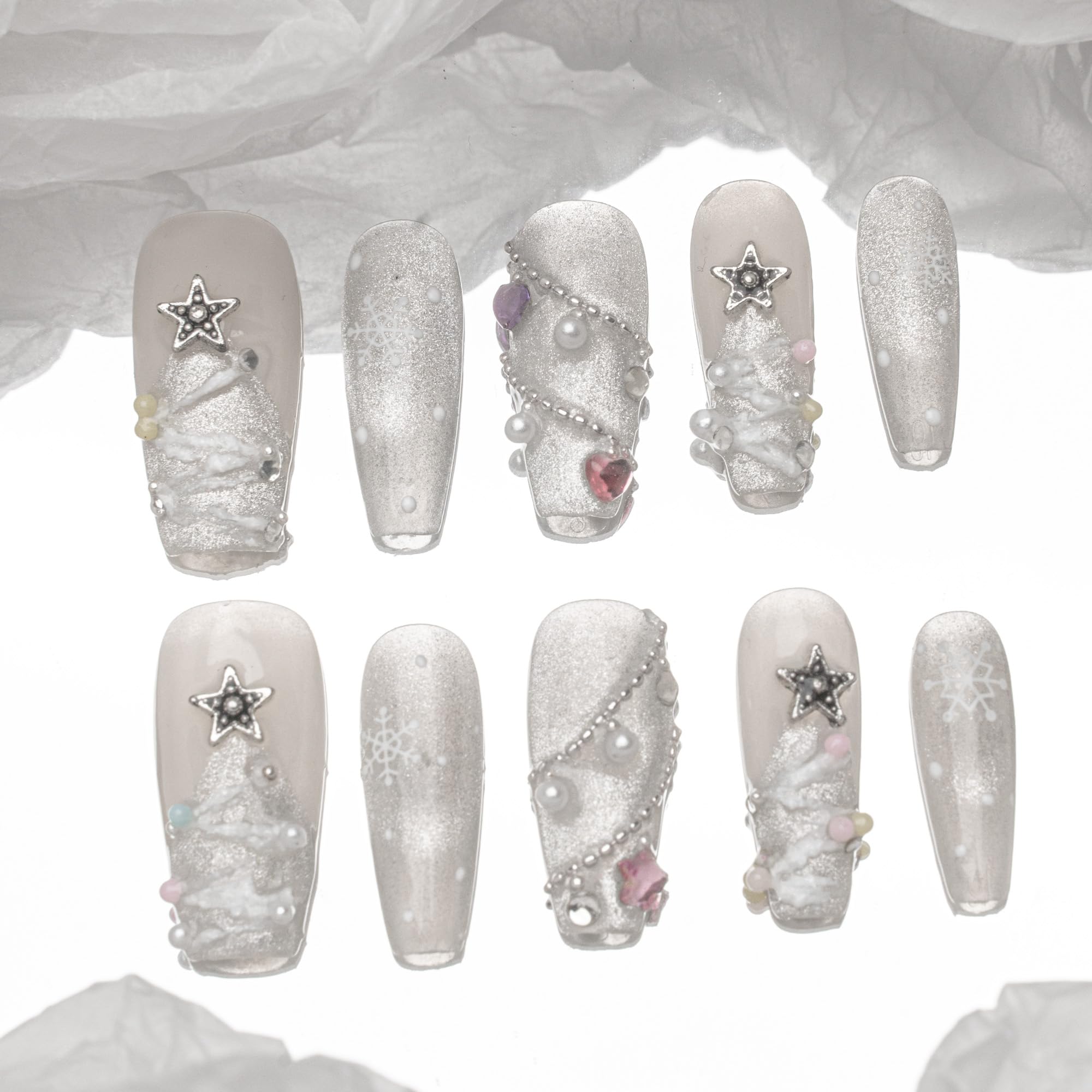 Sun&Beam Nails Handmade Press-on Long Coffin Ballerina Red White Black Silver Glam Halloween Ombre Design Fashion False Nail Tips 10 Pcs Set (#189 M) — view 55
