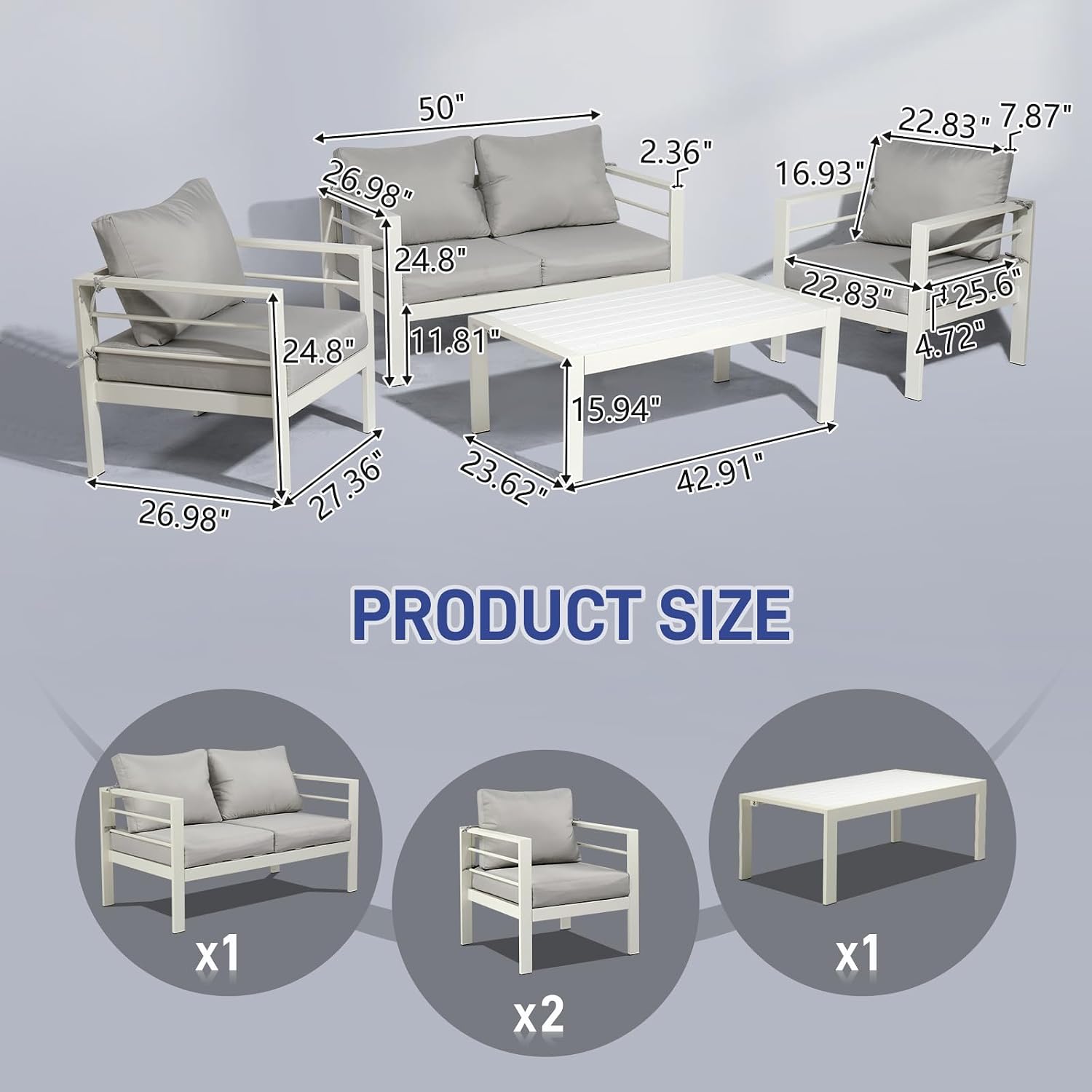 Outvita Outdoor Patio Furniture Set, 4 Pieces Aluminum Patio Conversation Sets, Modern Patio Sofa Loveseat Set with Coffee Table and 5 Inch Cushion for Patio Balcony Yard (White, 4pcs Set)