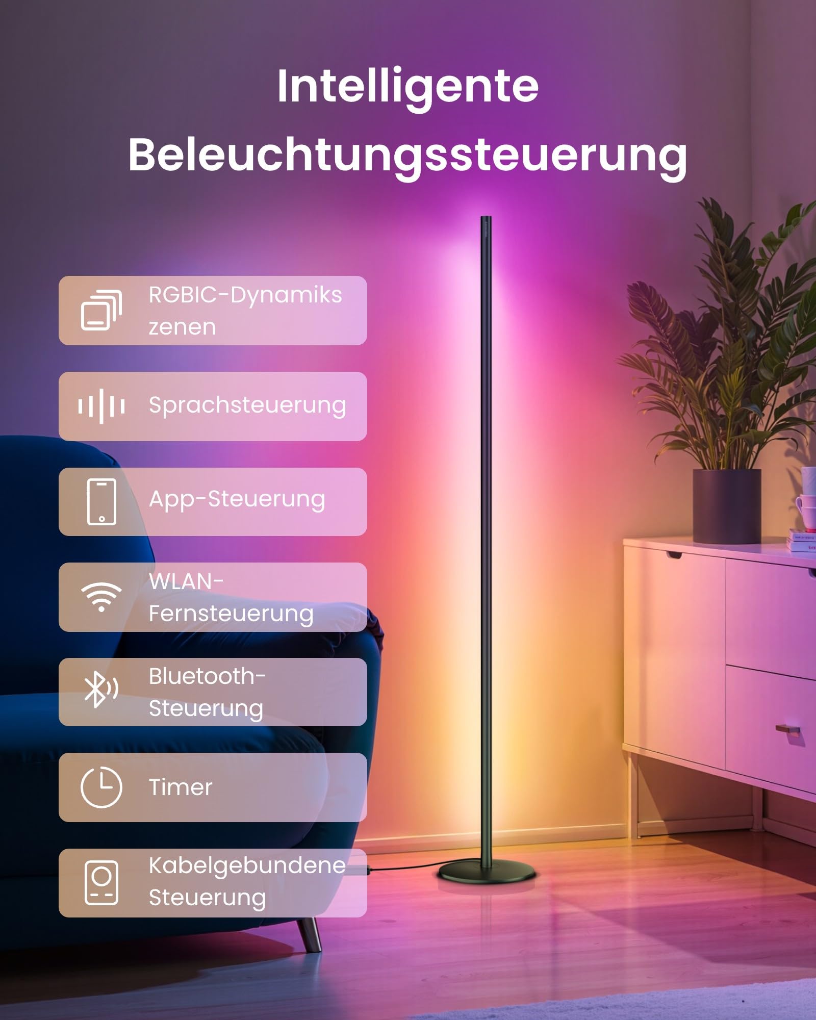 SwitchBot Matter RGBICWW Stehlampe Wohnzimmer, Warm- & Kaltweiß, Floor Lamp Dimmbar mit Apple Home, Alexa, Google Home, APP-Steuerung, Musikmodi, Szenenmodi, LED Stehlampe Schwarz für Schlafzimmer