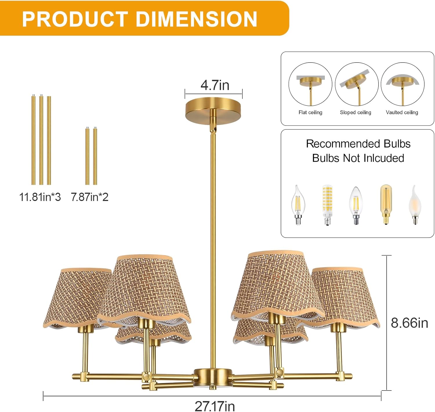 6 Light Gold Modern Farmhouse Rattan Chandelier Light Fixture, Large Rustic Boho Kitchen Adjustable Island Chandelier, Pendant Lighting For Living Room And Dining Room, Black Rattan Shade Lights