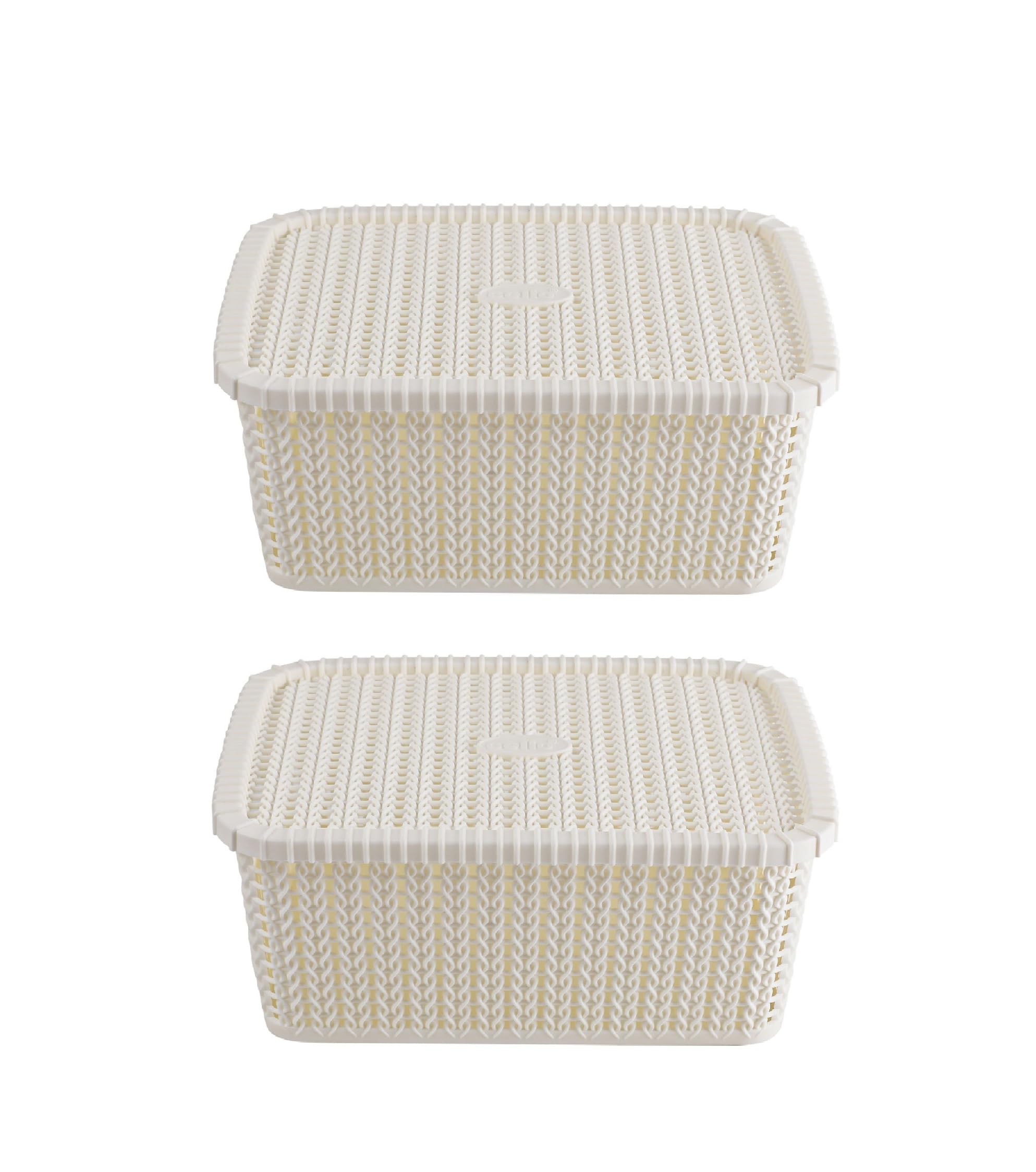 Vintage Plastics knit Style Multipurpose Rectangular Storage Basket, With Lid For Kitchen, Toys, Accessories,Clothes, Vegetables,Cosmetics, Books,Office, (Set of 2 - Ivory, 28.5 x 21 x13 cm)