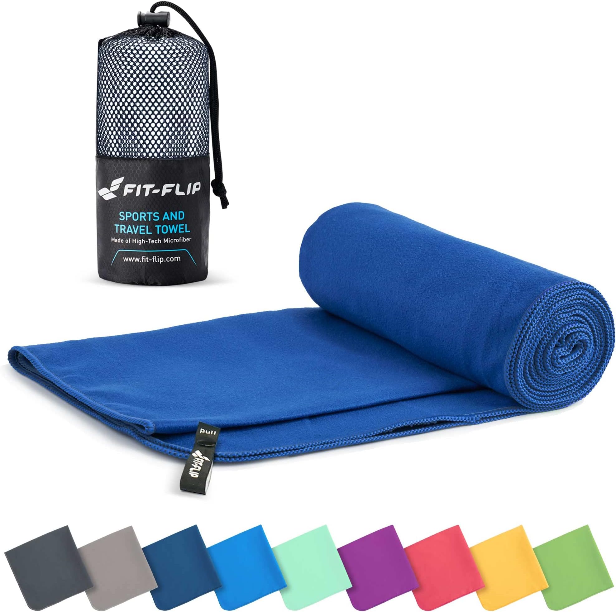 Fit-Flip Microfibre towel - compact, ultra lightweight & quick dry towel - the perfect gym, travel & beach towel - swimming towel for sports, camping & hiking (60x120cm dark blue + bag)