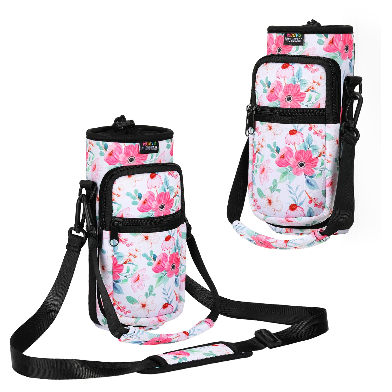 Nuovoware Magnetic Gym Bag, 750ml Water Bottle Carrier Holder, Adjustable Shoulder Strap 2 Pocket Sports Sling Neoprene Sleeve for Hiking Travelling Camping, Floral Pink โ image 1