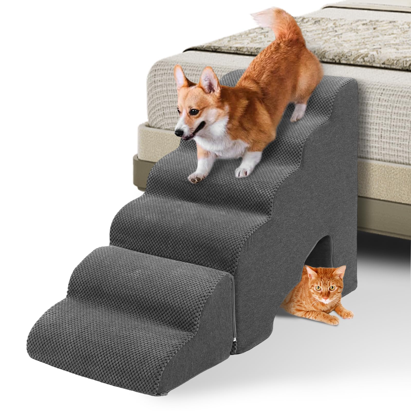 Escalera para perros de 60 cm de altura para cama, 6 peldaños para cama con somier | Escalera antideslizante para mascotas de color gris oscuro para perros pequeños o lesionados