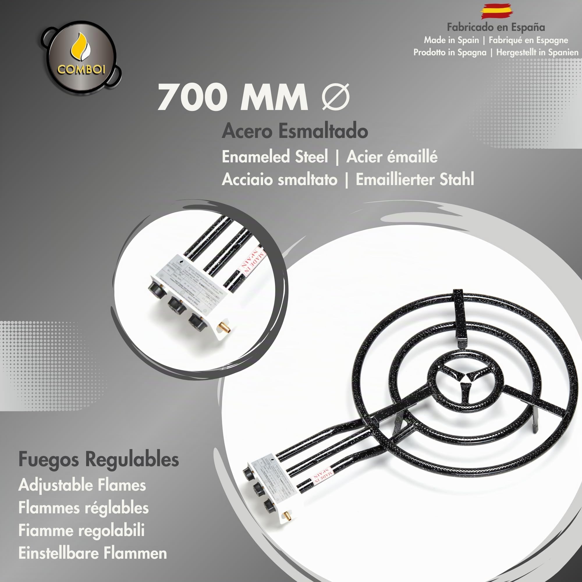 COMBOI Paellero gas butano 70 CM, Kit Quemador Paellera Acero Pulido 90 CM, Soporte Patas reforzadas, Nivel, Delantal, Libro de Recetas Digital