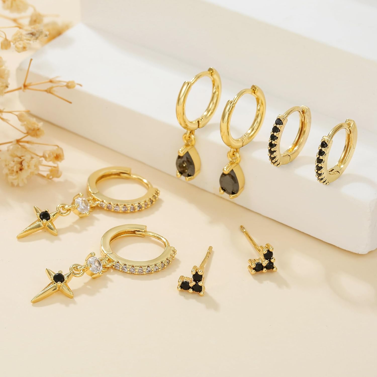 Gold Earrings for Women, 16K Gold Plated Cubic Zirconia Crystal Cartilage Stud Hoop Earrings Set, Dainty Huggie Earrings Stacks, Hypoallergenic Jewelry Gifts - Image 7