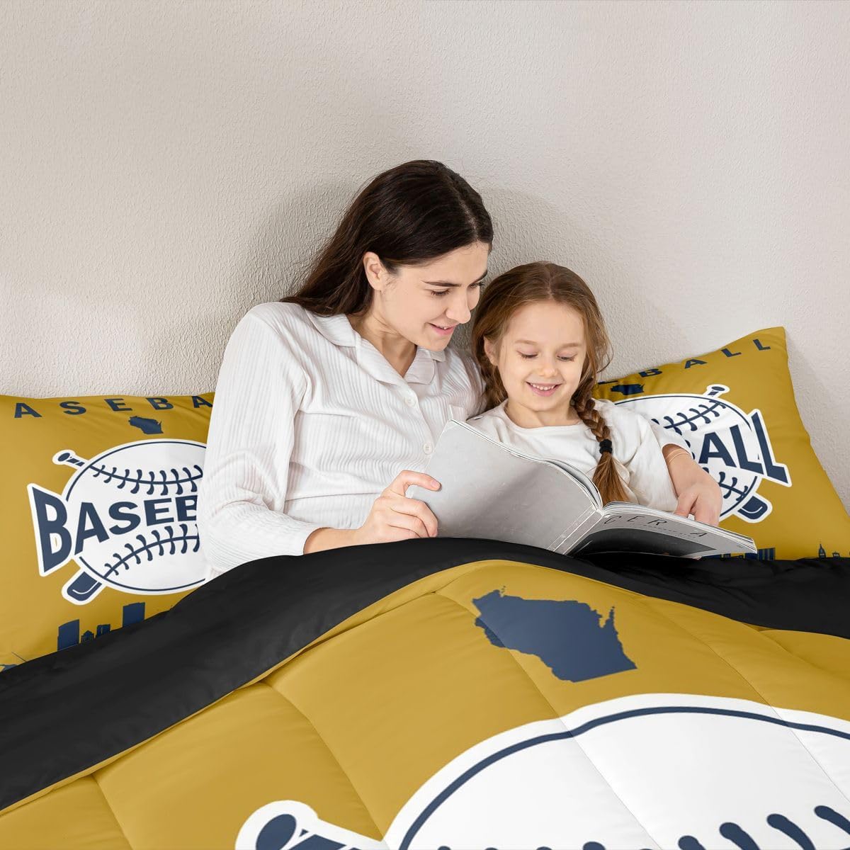 Erosebridal Baseball City Bedding Set for Boys, Baseball Comforter Set Full Size City Building Silhouette Duvet Insert for Kids Teens Adult Room, Sports Games Quilt, Yellow Navy Blue