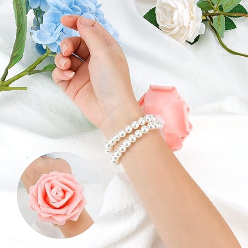 Miniatura 6 de Pulsera de perlas con ramillete de muñeca elástica para muñeca, pulsera elástica de perlas para boda, ramillete de perlas de imitación, Seda