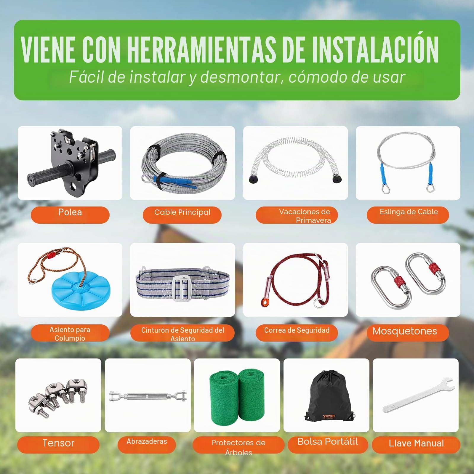 VEVOR Kit de Tirolesa de 36,6 m Carga de 150 kg, Fácil Configuración con Cinturón de Freno de Resorte y Arnés de Seguridad, para Jardín, Patio Trasero (Solo para Adolescentes, No Apto para Adultos)