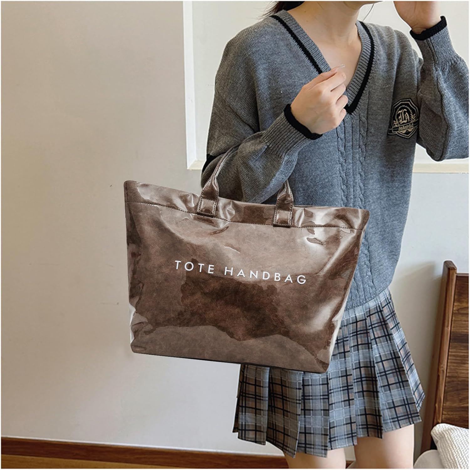 ALUSBELL Large PVC Tote Bag for Women Letters Print Tote Handbag Kraft Paper Travel Shoulder Bag Clear Carry All Hobo Handbag - Image 9