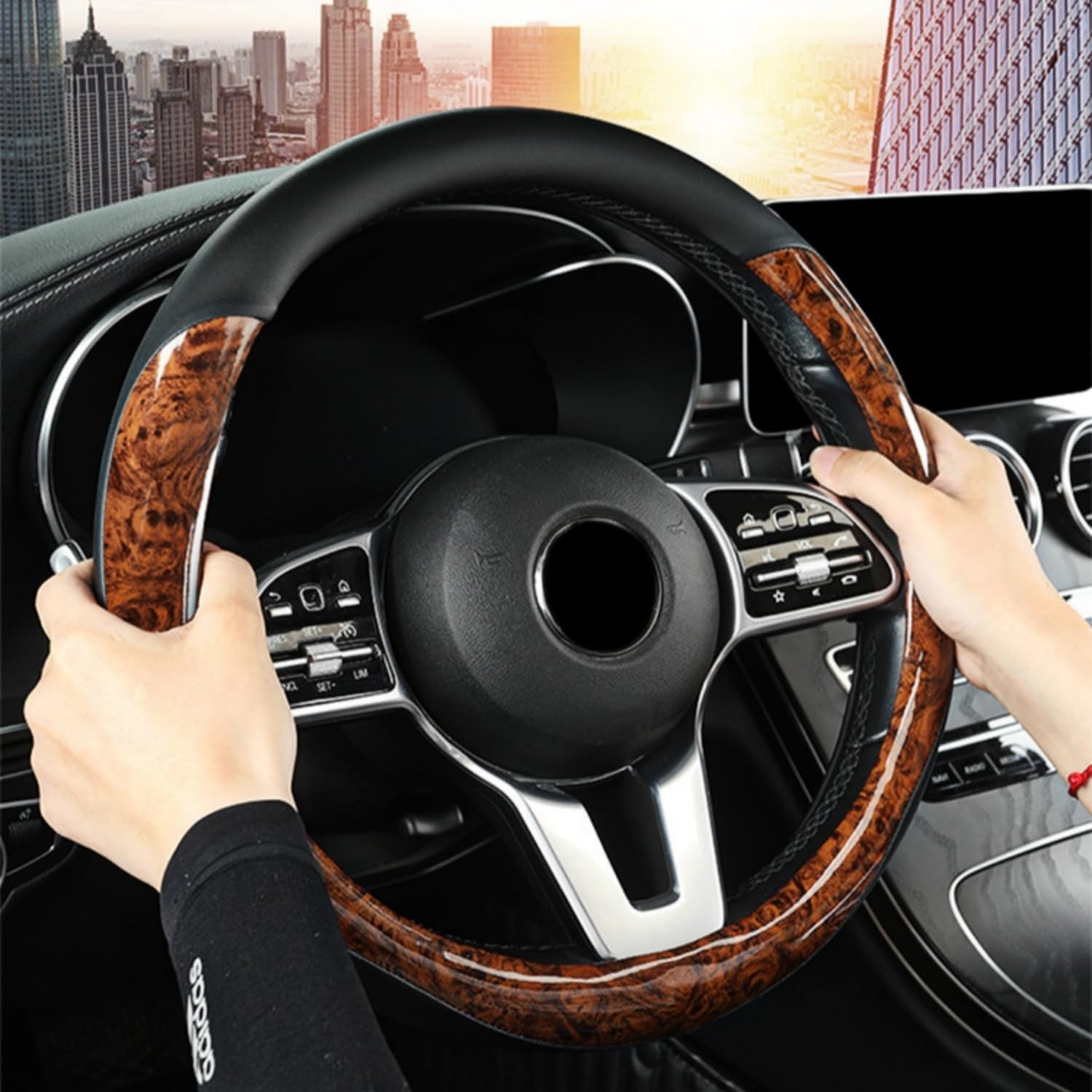 Funda para volante de cuero de microfibra transpirable antideslizante protector universal de 14.5 a 15 pulgadas, accesorios interiores de automóvil para mujeres y hombres, color negro