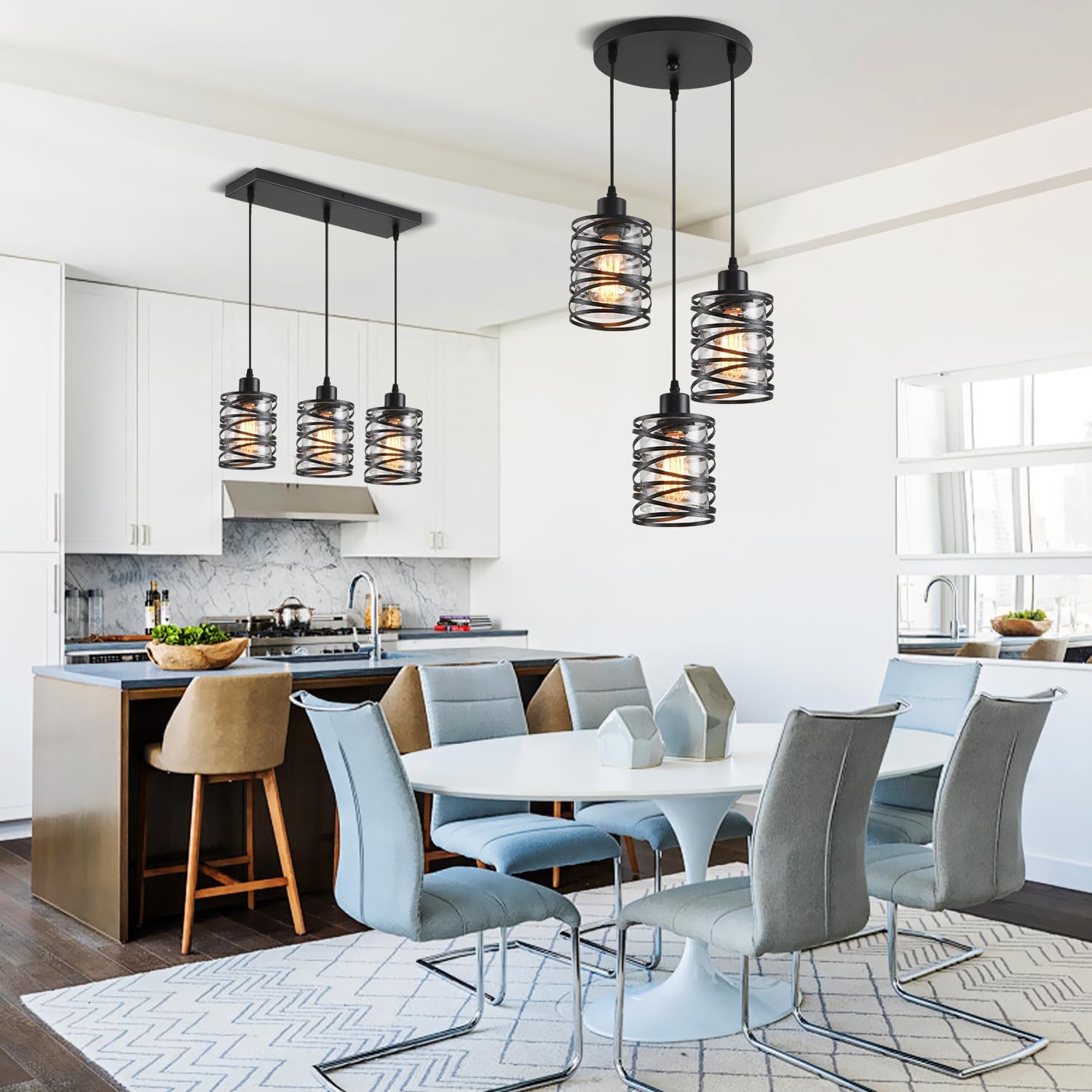 3 Light Pendant Lights Kitchen Island Black Pendant Light Fixtures Spiral Iron Kitchen Island Lighting with Clear Glass Shade Adjustable Hanging Light Fixtures