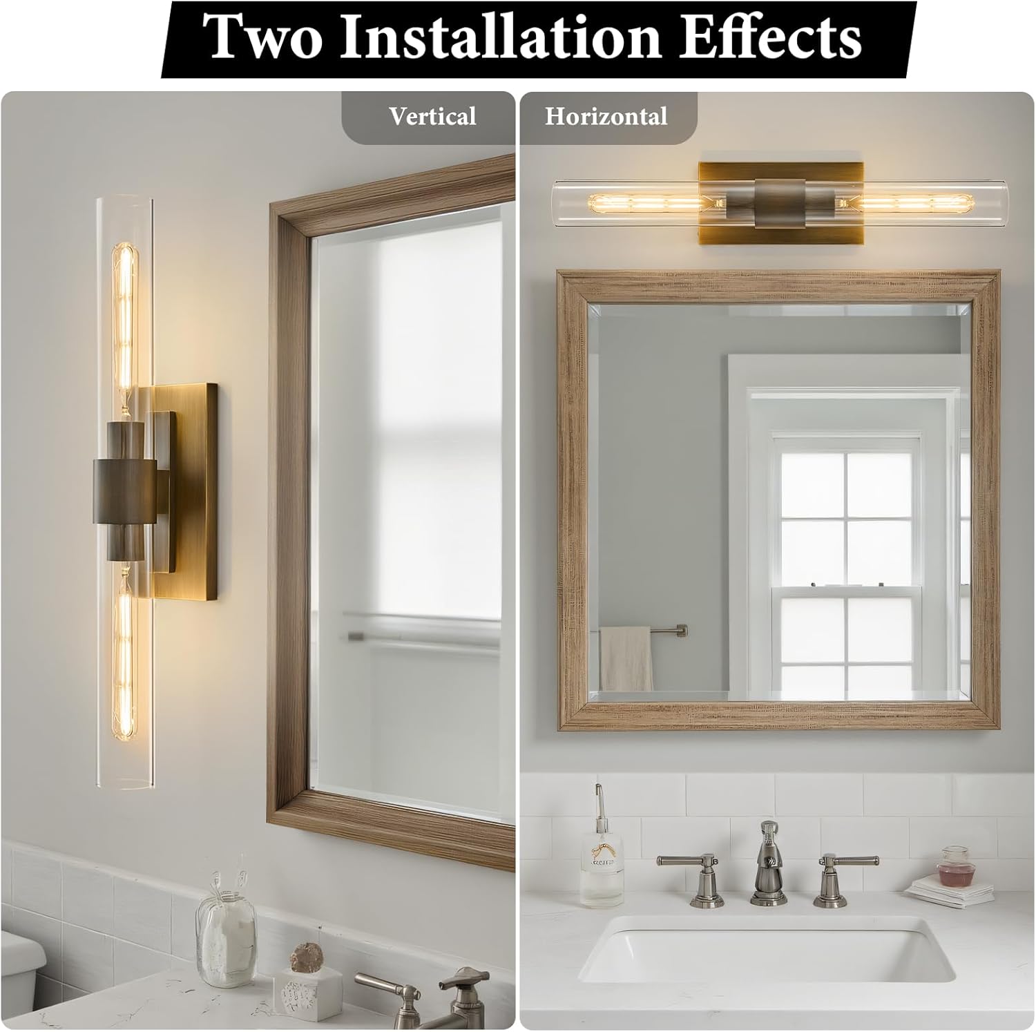 Linear Brass Bathroom Wall Sconce - Luxury Antique Brushed Gold Sconces Set of 2 - Dimmable Vanity Lights Fixture with Clear Glass Tube - Modern Lighting for Bedroom Living Room Hallway Indoor Decor