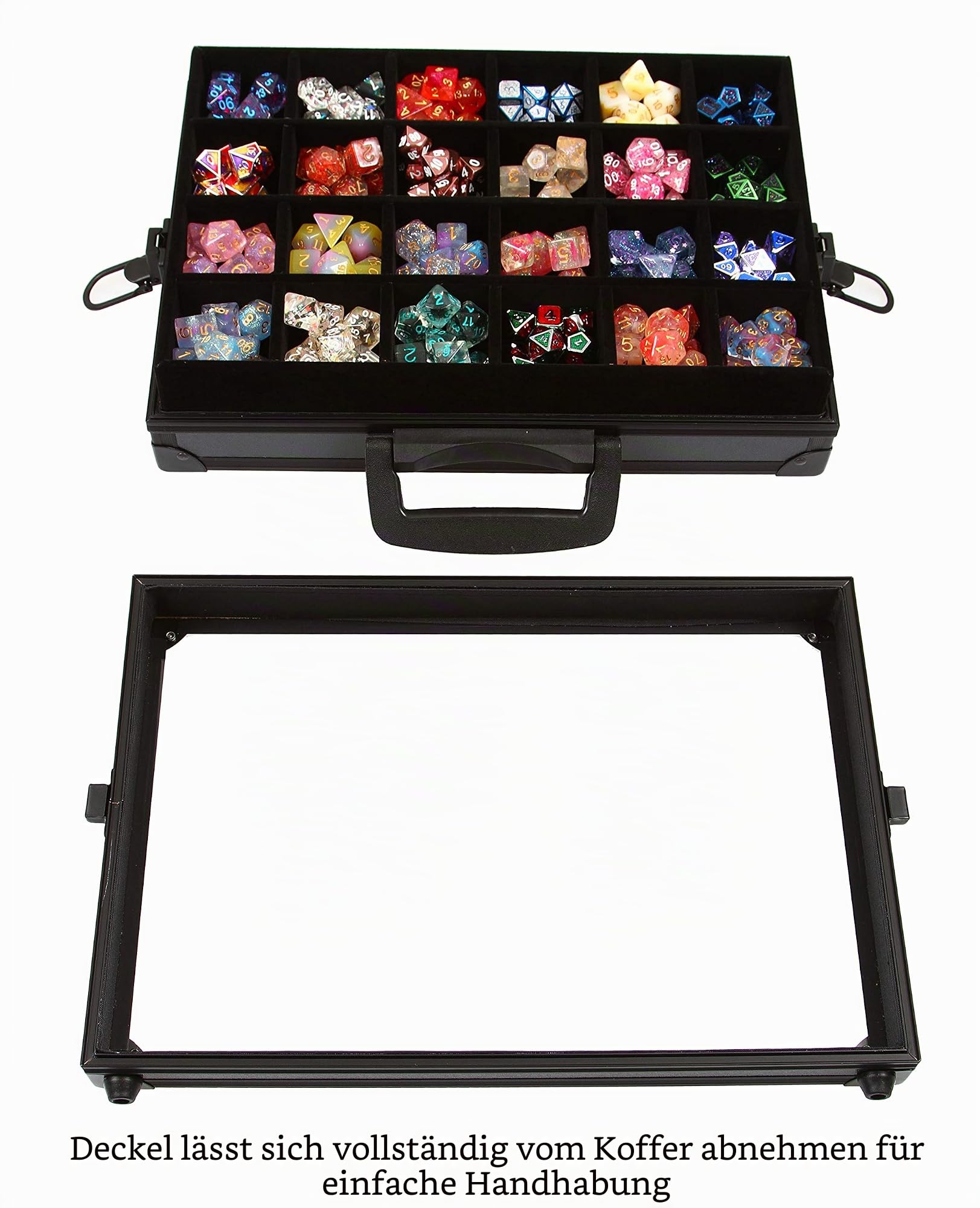 Forged Dice Co. Würfelvitrine und Rolltablett mit 3 herausnehmbaren geteilten Würfelablagen – Aufbewahrungsbox für bis zu 720 polyedrische Würfelsets aus Metall oder Kunststoff – ideal für