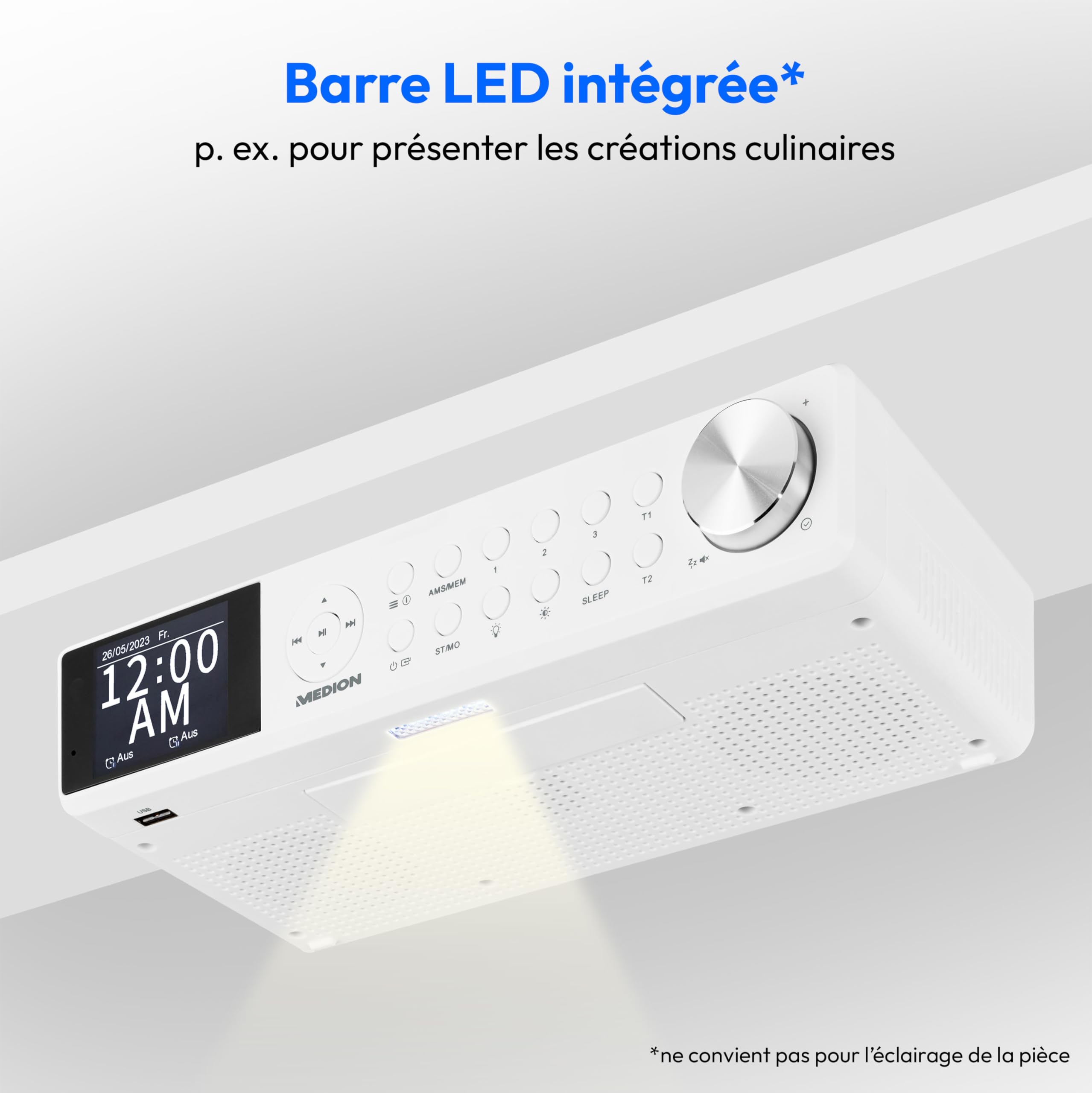 MEDION P66750 Radio de cuisine encastrable (radio de cuisine DAB+, radio FM PLL, écran couleur TFT à intensité variable, minuterie de cuisson, Bluetooth, barre LED, matériel de montage inclus), blanch