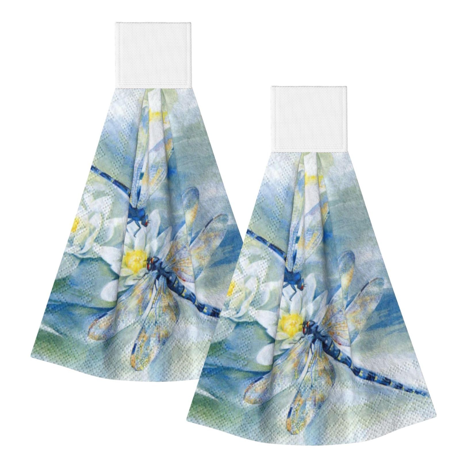 DOPKLNA Dragonfly, 2 Pcs Hanging Coral Fiber Hand Towels for Bathroom, Absorbent Kitchen Towels