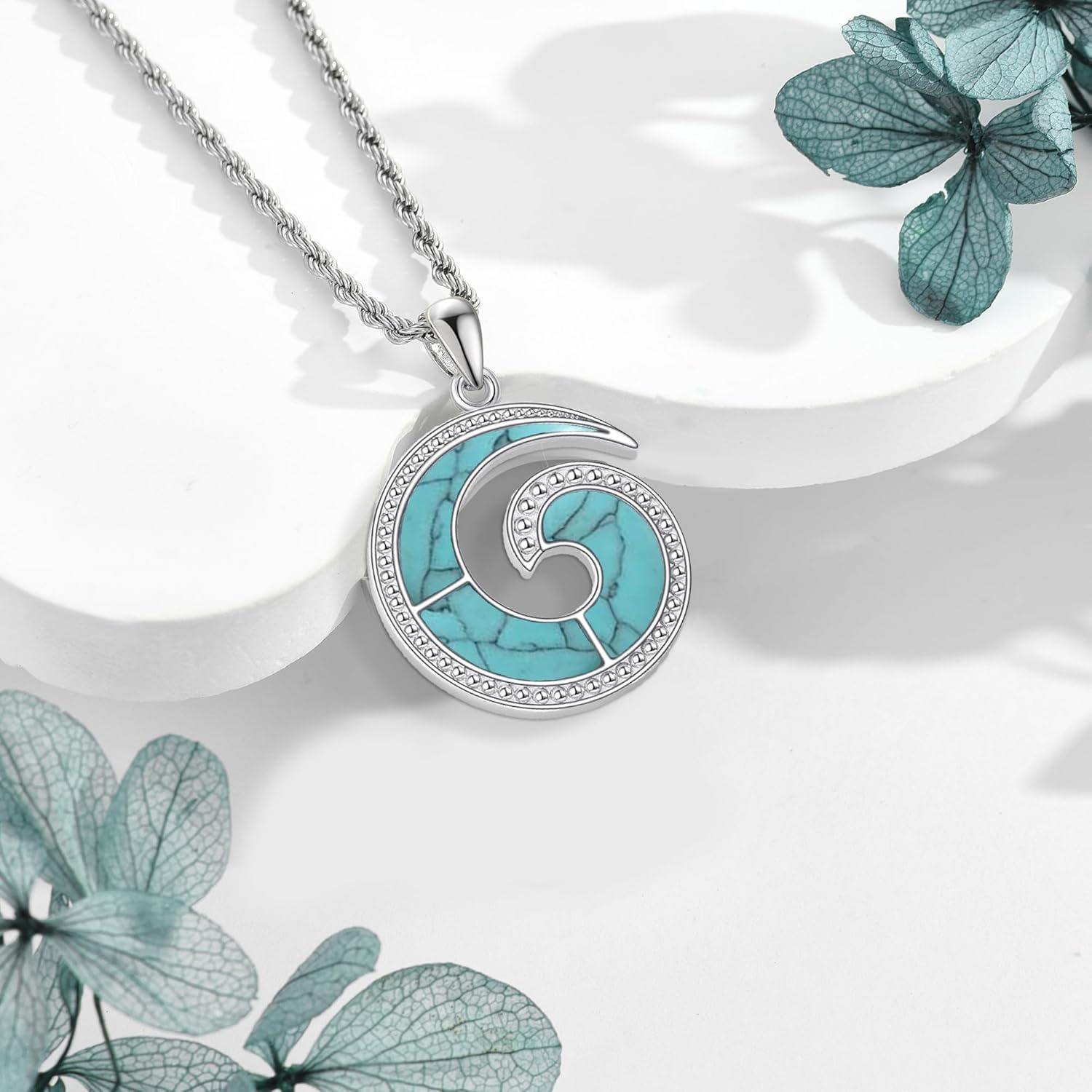 Wave Necklace 925 Sterling Silver Ocean Wave Turquoise Pendant Necklace Sea Ocean Beach Jewelry Gifts for Women