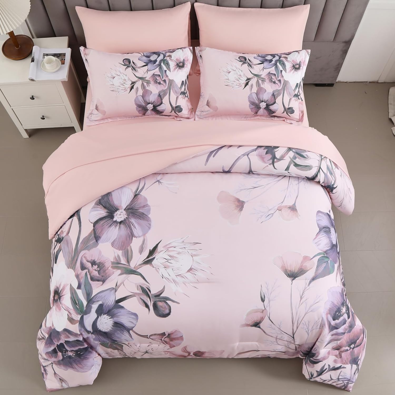 Luxudecor Floral Comforter Set King Size 7 Piece, Blush Pink Flower Bed in a Bag, Elegant Comforter Bedding Set for All Season (Blush Pink, 104"x90") - Image 3