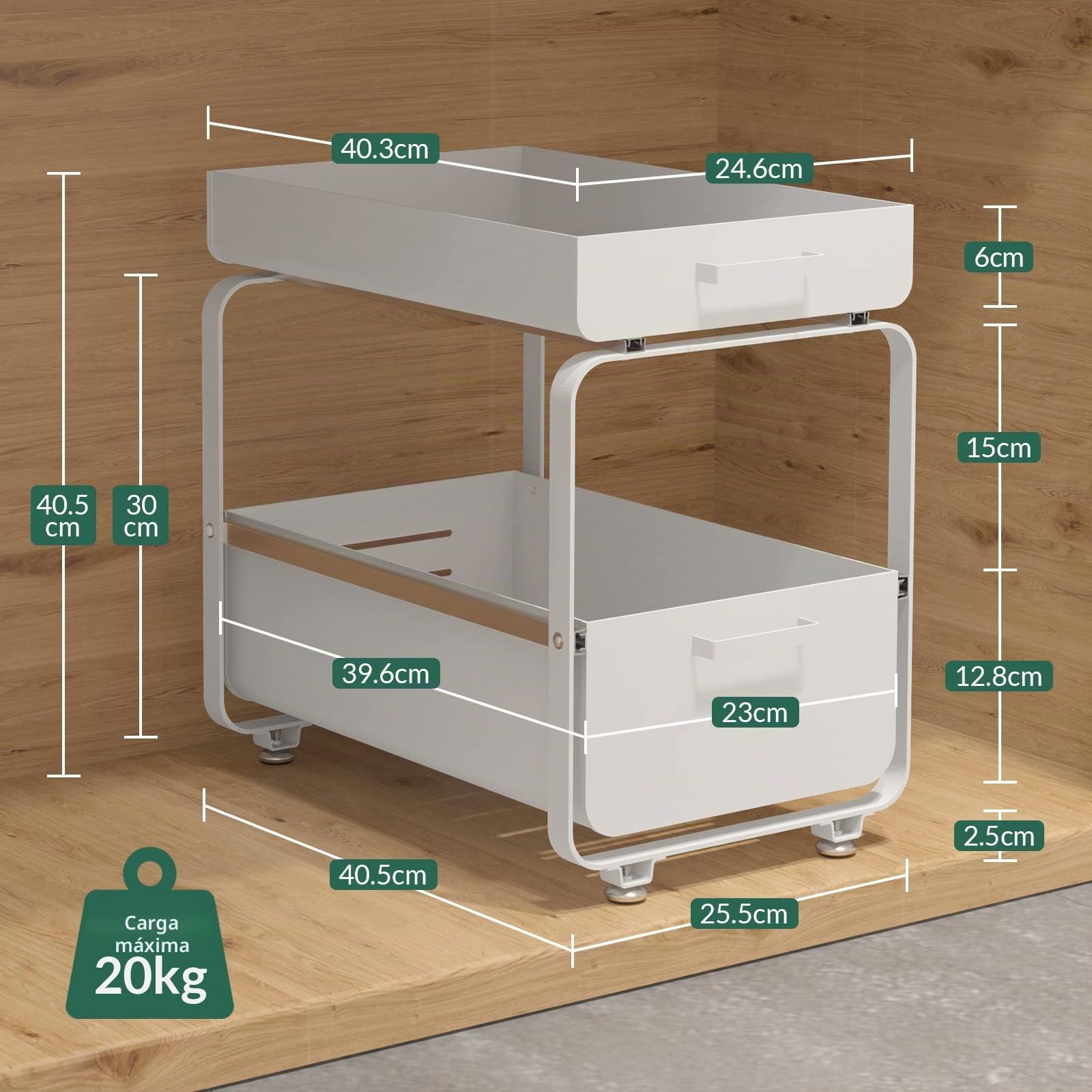 Todeco Cajones Fregadero 2 Niveles Blanco Acero Carbono | Organizador armario pila extracción suave, rejilla ventilada humedad, estructura acero al carbono, ahorro espacio vertical