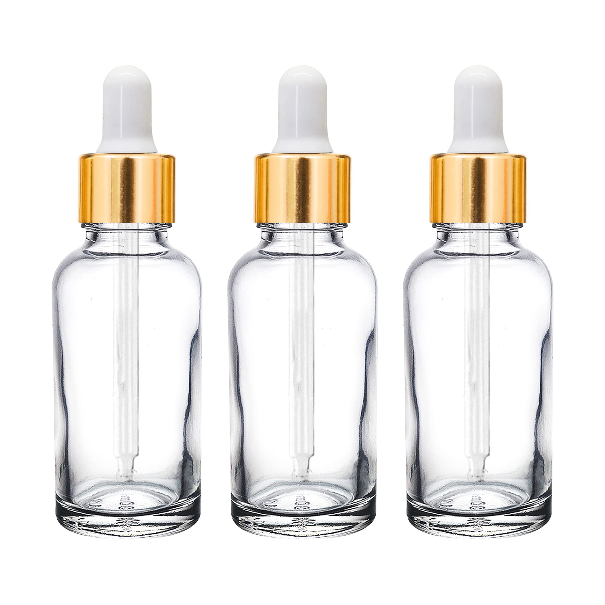 nsb herbals 30 ml Clear/Transparent Round Empty Glass Bottle/Glass Dropper/Golden Ring/Silicon White Teat, Refillable, For Essential Oils, Perfumes (Pack Of 3)