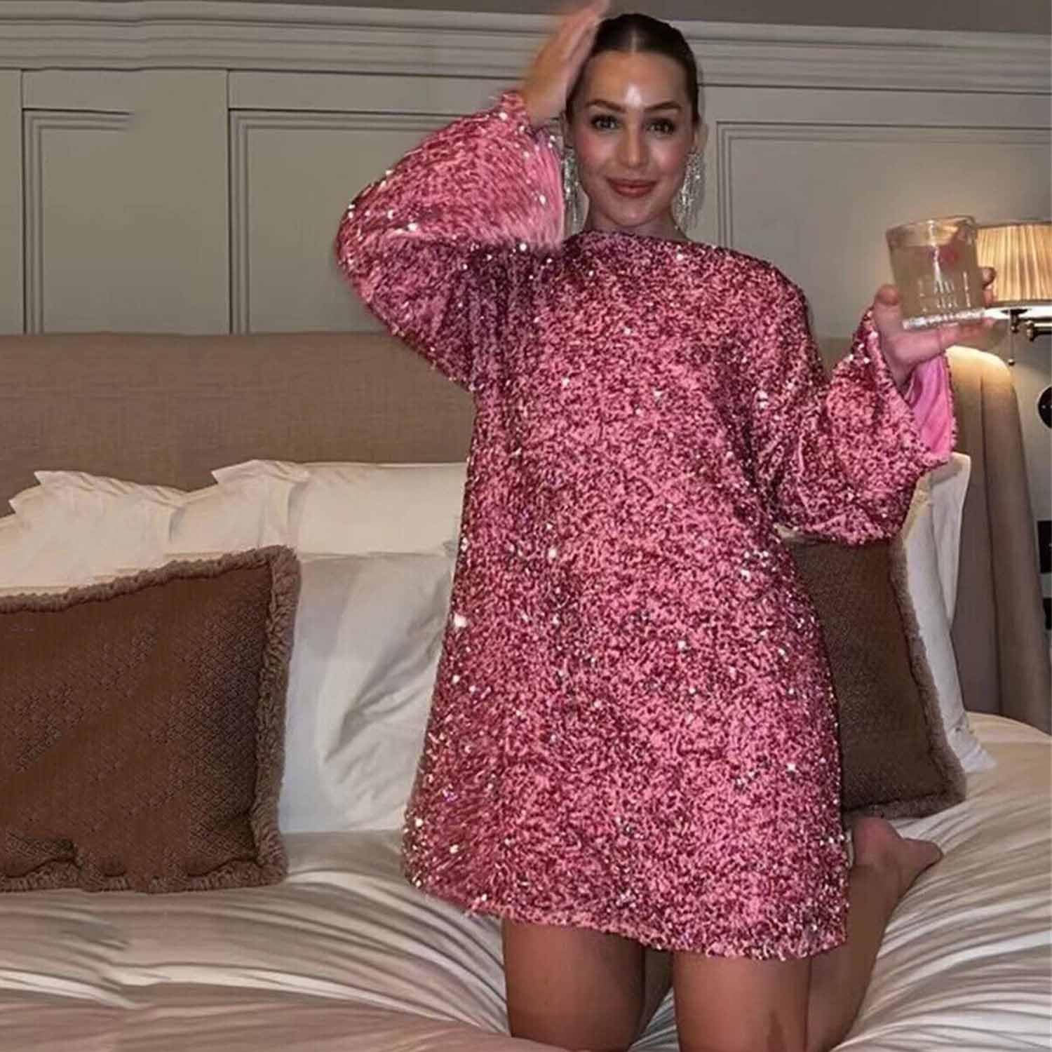ISOUDE Mini Abito da Donna con Paillettes Scintillanti Senza Schienale, Maniche Lunghe, Abiti da Club Aderenti con Glitter (XXL,Pale Pinkish Gray)