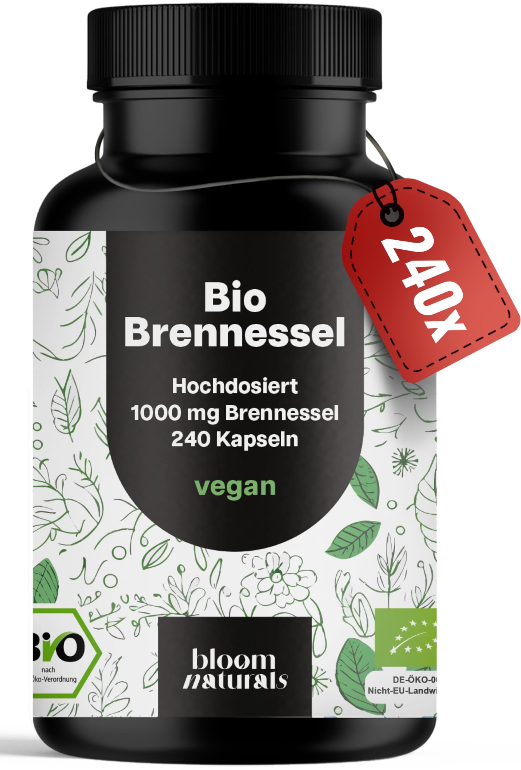 Bio Brennesselkapseln Hochdosiert – 240 vegane Kapseln – 1000 mg Brennnessel pro Tagesportion – aus kontrolliert biologischem Anbau – produziert in Deutschland