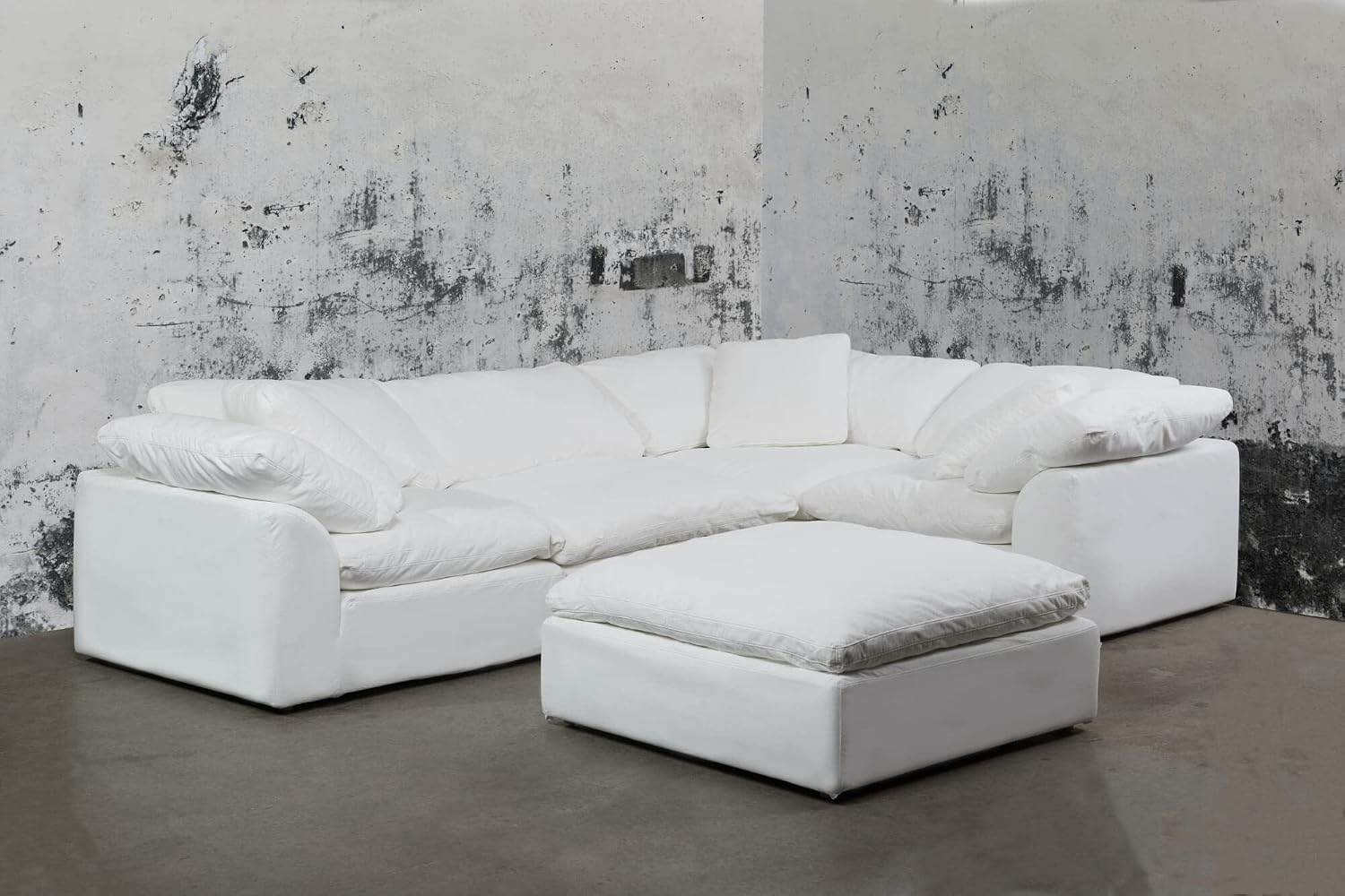 Sunset Trading Contemporary Puff Collection Slipcover Only for 5PC 132" L-Shaped Sectional Sofa with Ottoman | Performance Fabric Washable Water-Resistant Stain-Proof|Modular Couch Fitted Covers,White