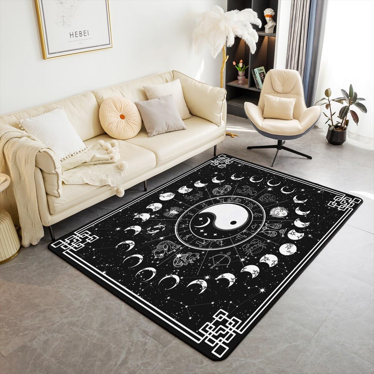Erosebridal Sun and Moon Area Rug,Twelve Constellations Zodiac Rug 5x7,Moon Phase Carpet,Yin and Yang Starry Night Astrology Stars Indoor Floor Mat for Living Room Bedroom
