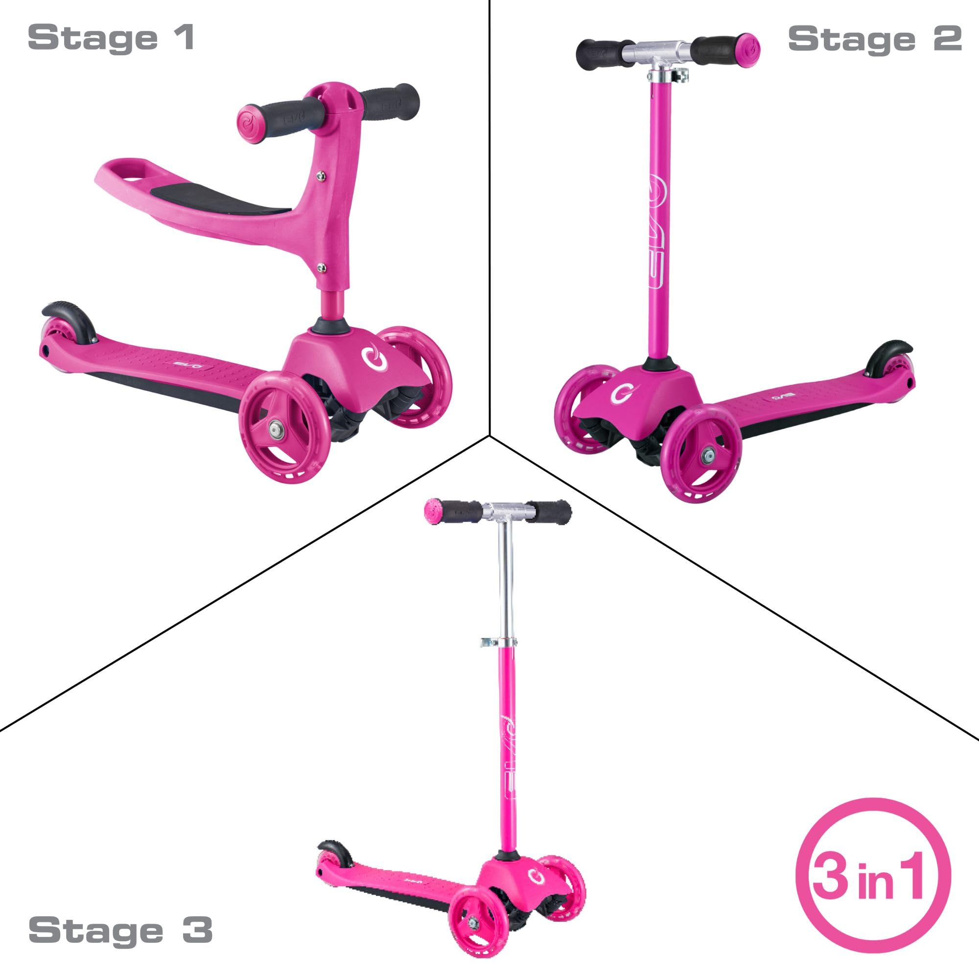 EVO Monopattino Cruiser 3 in 1, colore rosa, manico regolabile, design intercambiabile a 3 fasi, 2 ruote, ideale per bambini da 1 a 7 anni