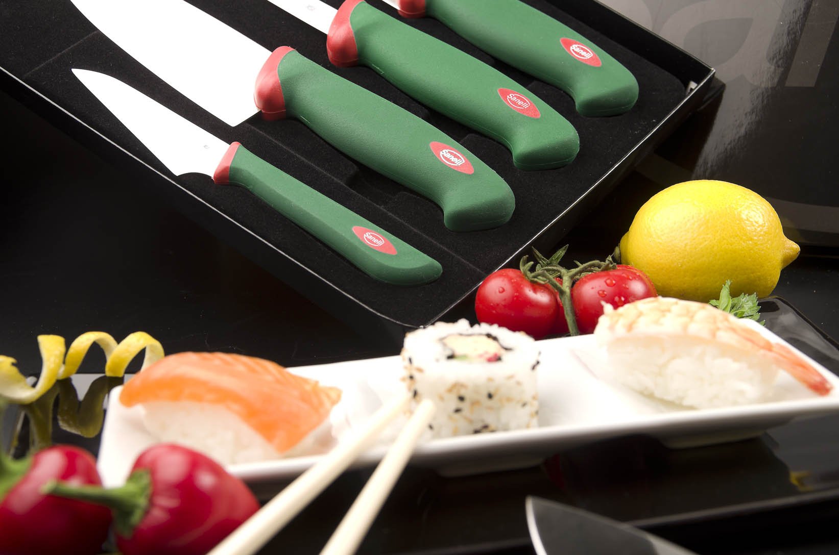 Sanelli Premana Professional Confezione Coltelli Sushi da cucina, Acciaio Inossidabile, Verde / Rosso, 40 x 24 x 3 cm, 4 Unità