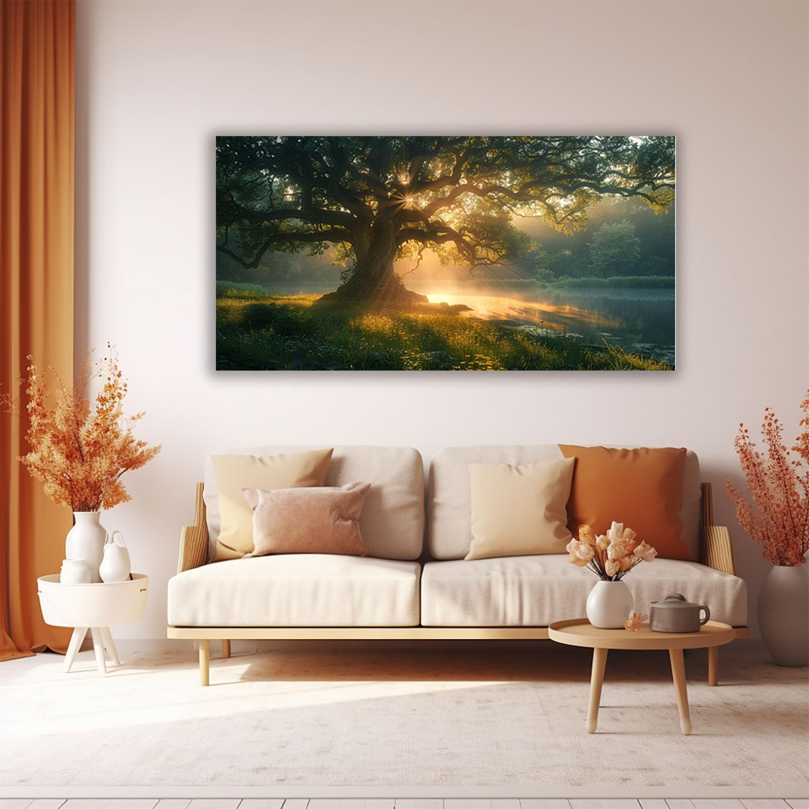 WIKEO Tableau Murale Salon Moderne murale du lac l’arbre de la nature Arbre De Vie Nature Paysage Impression Sur Toile, Decoration Murale Chambre Salle De Bain Cuisine Bureau-50x100cm Encadrée