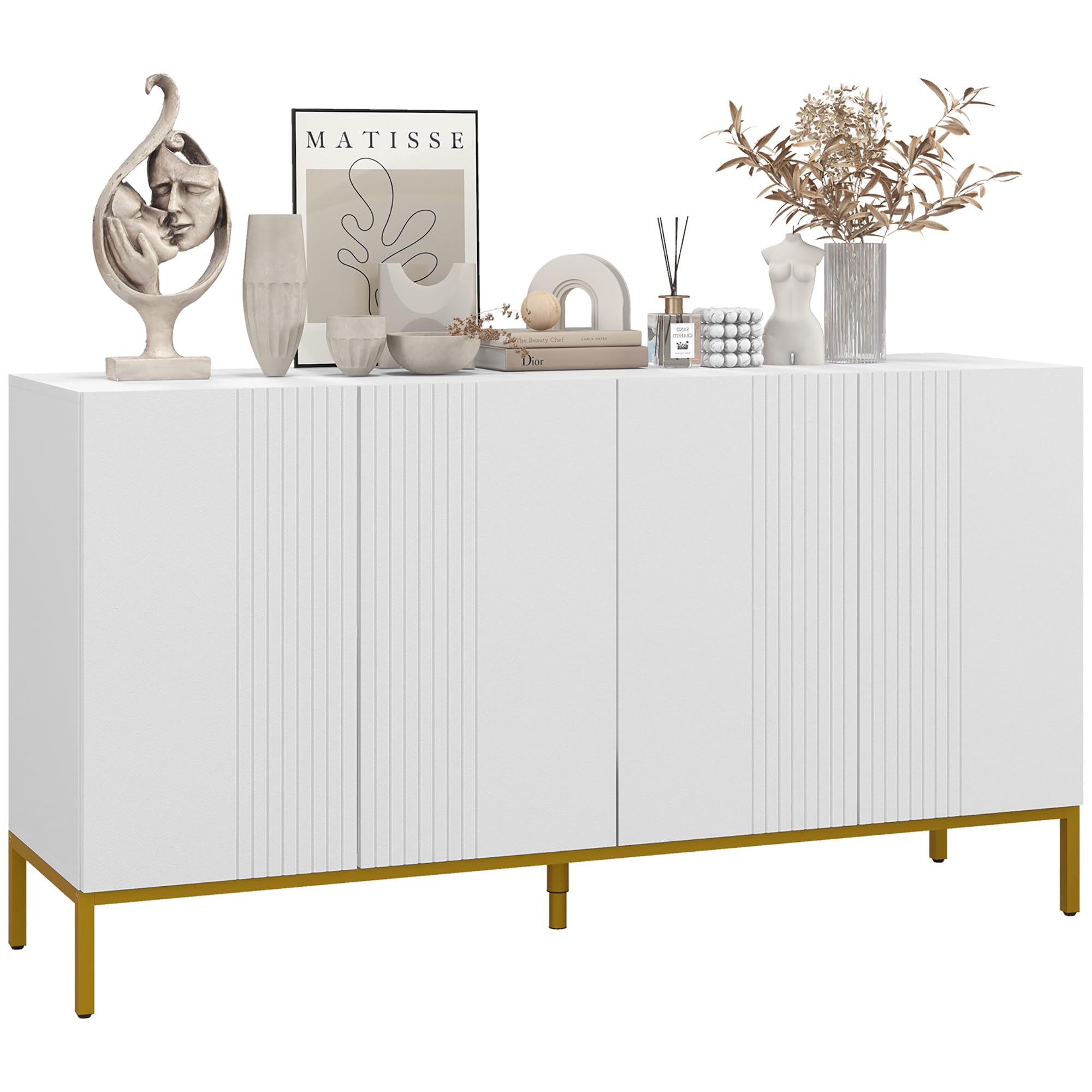 HOMCOM Credenza Moderna con 4 Ante e Mensole Regolabili Mobile da Soggiorno e Salotto con Chiusura Soft Close Bianco e Oro