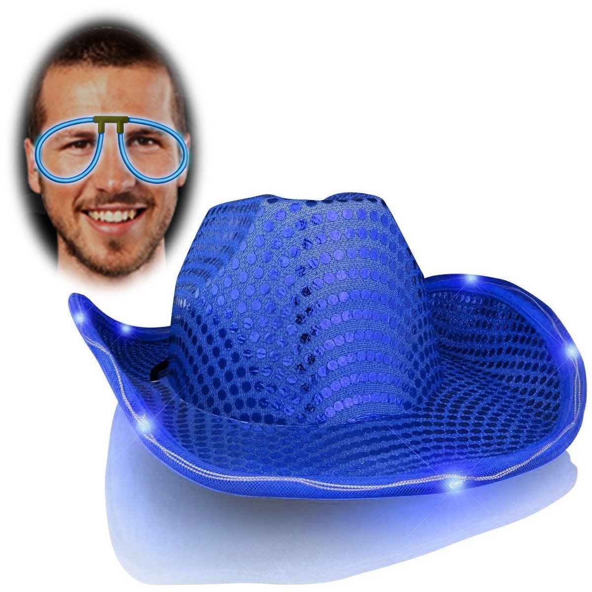 3479 Led Flashing Cowboy Hat With Blue Sequins Blue Hat For Women And Men BLUE Sequin Cowboy Hat with Flashing BLUE LED Brim | eBay main image 4