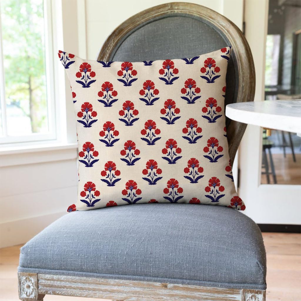 PANDICORN Block Print Throw Pillow Covers 18x18 Inch Set of 2 Red and Blue Vintage Boho Floral Outdoor Decorations Decorative Throw Pillows Cases Cushion Covers for Home Living Room Couch Decor - Image 6