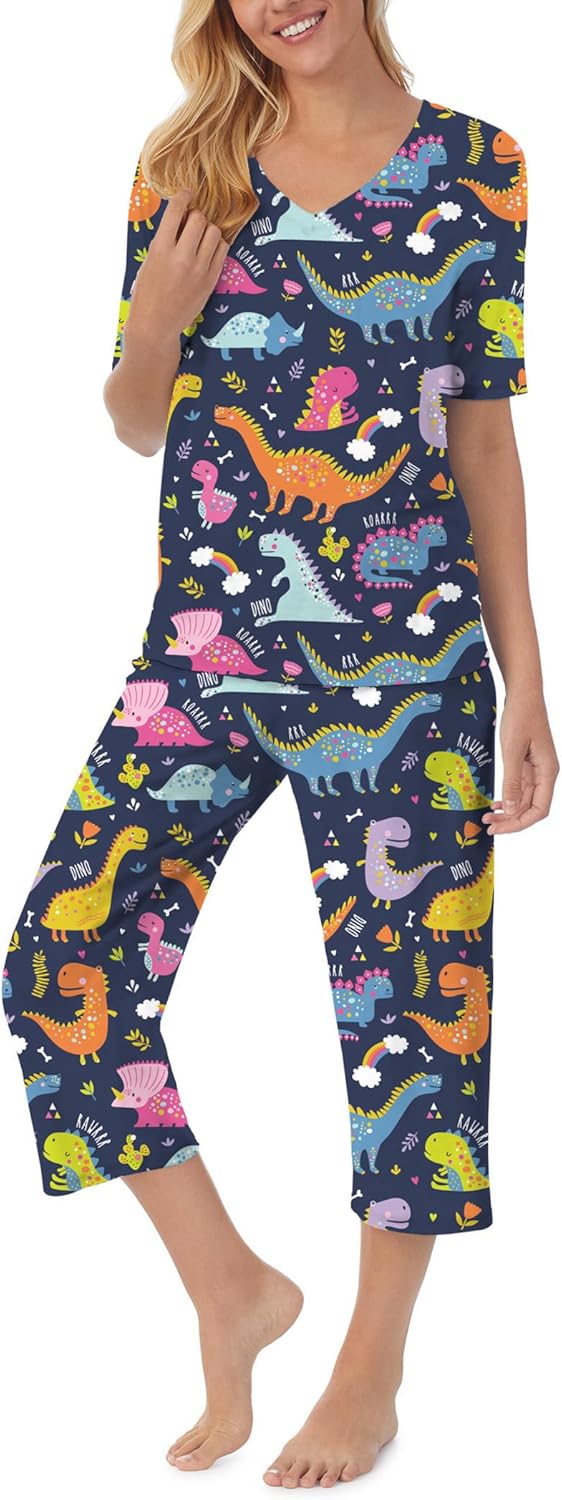 QCIV Womens Pajama Sets V-Neck Short Sleeve Top and Capri Pants with Pockets Sleepwear Set Two Piece PJS