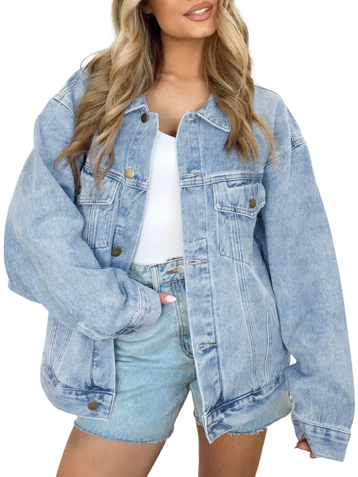 Women's Oversized Jeans Jacket, Classic Button Down Denim Jacket with Chest Pockets, Loose Fit Boyfriend Style Coat