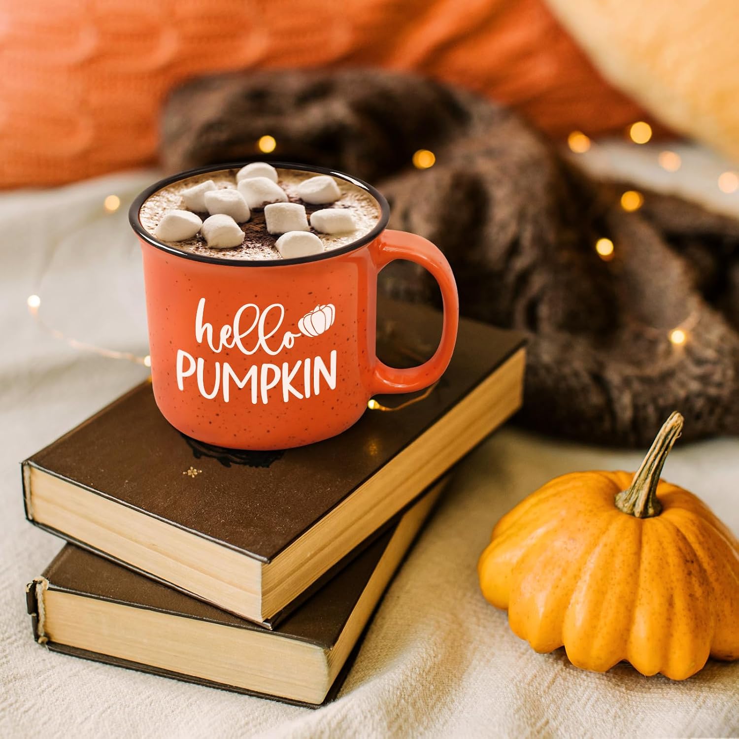 Maustic Fall Coffee Mug, Hello Pumpkin Mug, Seasonal Decor for Home Camping, Perfect for Fall, Thanksgiving, Cute Pumpkin Cup 15 Oz