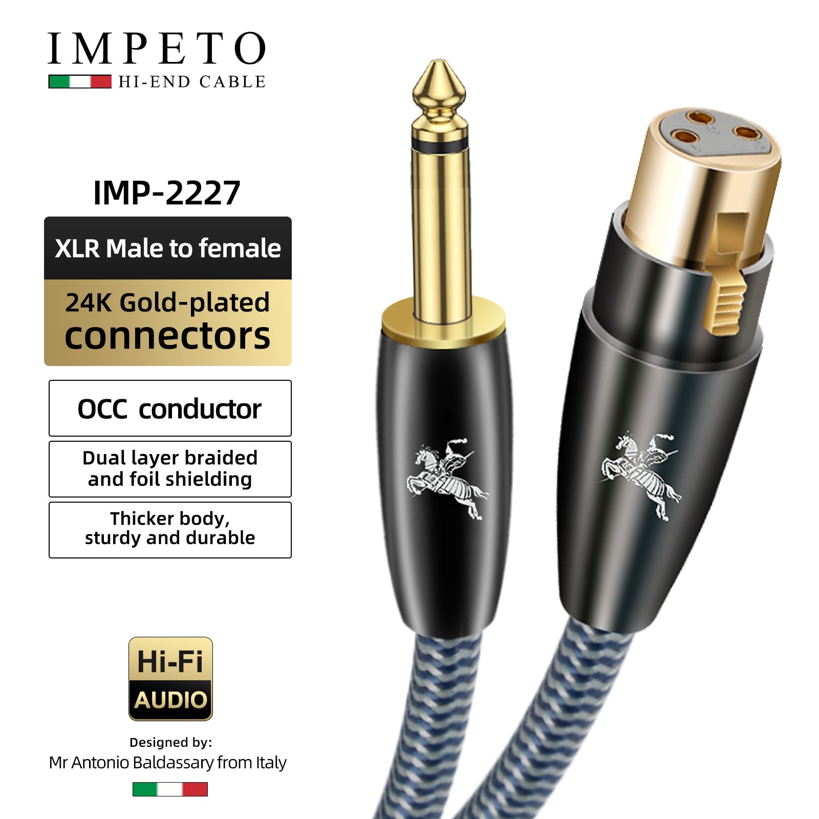 Impeto Cable XLR Hembra a Jack TS de 6,35 mm, XLR Cable Microfono 6,35 mm TRS Estéreo Balanceado Para Mixer, Micrófono, Altavoz, Amplificador, Equipo de Sonido- 5M