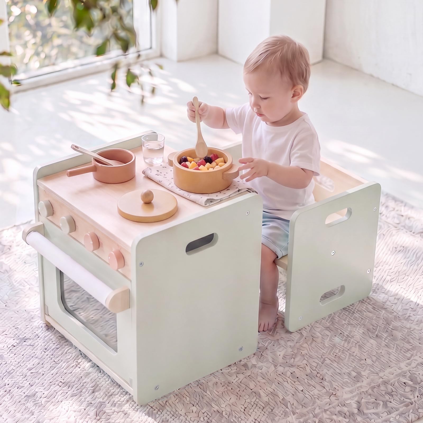 EDUBEBO Kinder Tisch Stuhl Set Holz im Kinderküche Ofen-Design, Montessori Kindertisch mit Stuhl & Zeichenpapierrolle, Kleinkindertischset Aktivitätstisch Spieltisch Essen, Sitzgruppe ab 1 Jahr